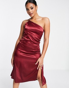 Атласное платье миди на одно плечо ягодного цвета Femme Luxe-Красный
