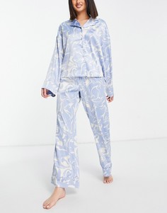 Атласный пижамный комплект голубого цвета с цветочным принтом Monki-Голубой