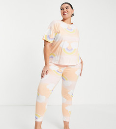 Персиковый пижамный комплект с эффектом омбре, принтом радуги и облаков из футболки и леггинсов ASOS DESIGN Curve-Черный цвет