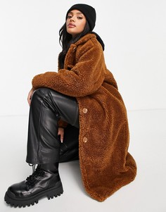 Светло-коричневое удлиненное пальто в стиле oversized из искусственного меха Threadbare Lulu-Коричневый цвет