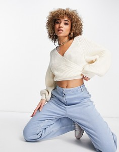 Кремовый джемпер с запахом и объемными рукавами NA-KD-Белый