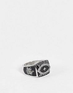 Кольцо-печатка серебристого и черного цвета с дизайном чемпионата по футболу ASOS DESIGN-Серебристый