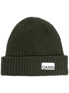 GANNI шапка бини в рубчик с нашивкой-логотипом