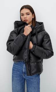 Stradivarius Утепленная Стеганая Куртка Из Искусственной Кожи С Капюшоном Черный M