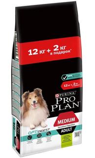 Сухой корм Pro Plan для взрослых собак средних пород с чувствительным пищеварением, ягненок и рис, 12кг