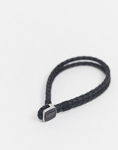 Кожаный плетеный браслет черного цвета с металлической застежкой Boss-Черный цвет