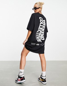 Черное платье-футболка в стиле oversized с волнистым логотипом на спине ASOS Weekend Collective-Черный