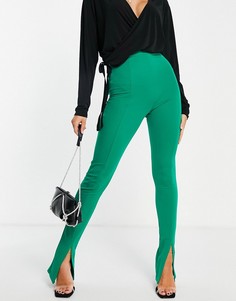 Зеленые эластичные классические брюки с завышенной талией и разрезами спереди Flounce London-Зеленый цвет
