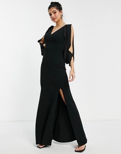 Черное платье макси с открытой спиной, цепочкой и расклешенными рукавами Lipsy-Черный цвет