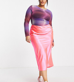 Неоново-розовая атласная юбка миди косого кроя ASOS DESIGN Curve-Разноцветный
