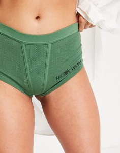 Зеленые ажурные хлопковые шорты-боксеры с контрастным логотипом Les Girls Les Boys-Зеленый цвет
