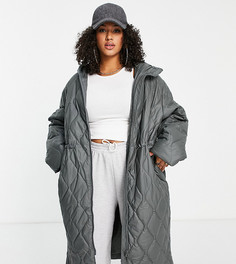 Пальто длины миди со вставками из искусственной кожи и поясом ASOS DESIGN Curve-Серый