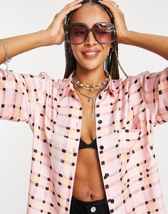 Розовая oversized-рубашка в клетку от комплекта Topshop-Розовый цвет