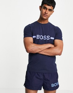 Облегающая футболка темно-синего цвета с акцентным логотипом на груди и защитой от солнца BOSS Bodywear-Темно-синий