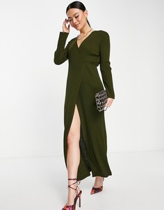 Темно-зеленое трикотажное платье миди с запахом Femme Luxe-Зеленый цвет