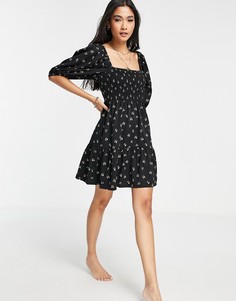 Эксклюзивное присборенное пляжное платье мини с рукавами-фонариками и цветочным принтом на черном фоне Fashion Union Exclusive-Разноцветный