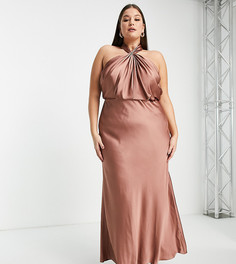 Атласное платье макси коричневато-розового цвета со сборками ASOS EDITION Curve-Медный