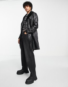 Черное кожаное пальто с воротником из искусственного меха ASOS DESIGN-Черный