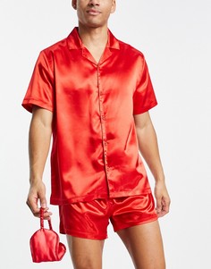 Атласный пижамный комплект красного цвета с рубашкой, шортами и маской для сна ASOS DESIGN-Красный