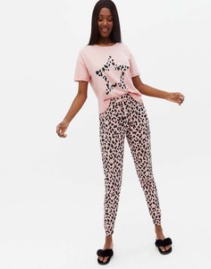 Пижамный комплект розового цвета с леопардовым принтом из футболки и джоггеров New Look-Розовый цвет