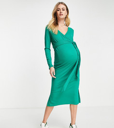 Трикотажное платье макси зеленого цвета с запахом спереди Mamalicious Maternity-Зеленый цвет Mama.Licious