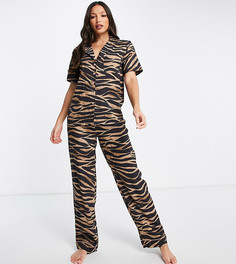 Пижамный комплект из брюк на резинке и рубашки модала коричневого цвета с зебровым принтом ASOS DESIGN Tall-Коричневый цвет