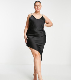 Асимметричное атласное платье-комбинация миди черного цвета Flounce London Plus-Черный