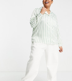 Атласная пижамная рубашка в полоску шалфейно-зеленого и кремового цвета Loungeable Plus-Зеленый цвет