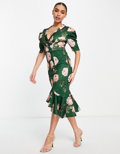 Платье миди в стиле смокинга с объемными рукавами и осенним цветочным принтом ASOS DESIGN-Разноцветный