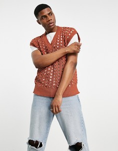 Коричневый вязаный жилет в технике кроше Topman-Оранжевый цвет