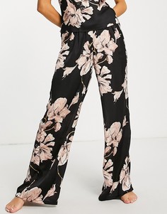 Черные атласные пижамные брюки с цветочным принтом Hunkemoller-Черный