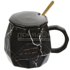 Кружка керам, 420 мл, Мрамор микс, с крыш, с ложкой, Y4-5339