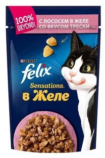 Влажный корм для кошек Felix Sensations в желе, лосось/треска, 85гр