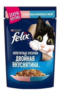 Влажный корм для кошек Felix Двойная Вкуснятина в желе, лосось и форель, 85гр