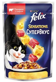 Влажный корм для кошек Felix Sensations Супервкус в желе, говядина и сыр, 75гр