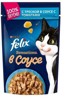 Влажный корм для кошек Felix Sensations в соусе, треска/томаты, 85гр