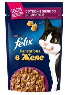 Влажный корм для кошек Felix Sensations в желе, утка/шпинат, 85гр