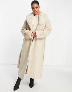 Бежевое пальто с воротником и манжетами из искусственного меха и поясом NA-KD-Светло-бежевый цвет