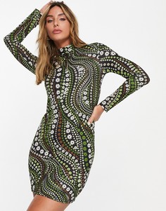 Зеленое платье мини с высоким воротником и цветочным принтом в стиле 70-х River Island-Зеленый цвет