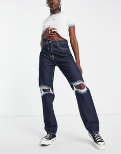Очень длинные выбеленные джинсы цвета индиго со рваными коленями Rebellious Fashion-Темно-синий