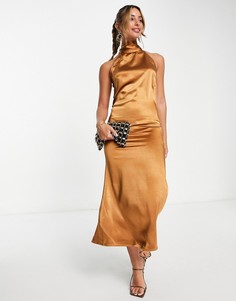 Атласное платье миди приглушенно-коричневого цвета с завязкой на шее Pretty Lavish-Коричневый цвет