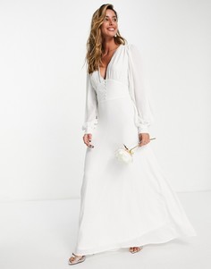 Белое свадебное платье макси с обтянутыми тканью пуговицами Vila Bridal-Белый