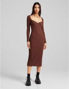 Платье в рубчик шоколадного цвета с квадратным вырезом Bershka-Коричневый цвет