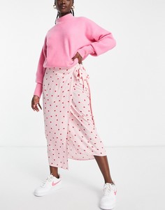 Атласная юбка миди с запахом розового цвета с принтом в виде сердечек (от комплекта) Style Cheat-Разноцветный