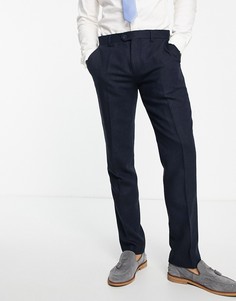 Темно-синие свадебные брюки узкого кроя из материала с добавлением шерсти с узором «елочка» Gianni Feraud-Темно-синий