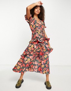 Платье миди с присборенной талией, баской и крупным цветочным принтом Topshop-Разноцветный