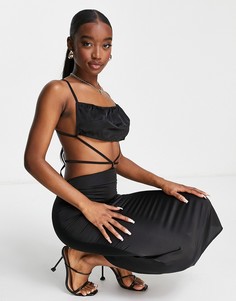 Атласное облегающее платье миди черного цвета с тесемками NaaNaa-Черный цвет