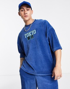 Oversized-футболка синего цвета из велюра в рубчик с вышитой надписью "Tokyo" (от комплекта) ASOS DESIGN-Голубой