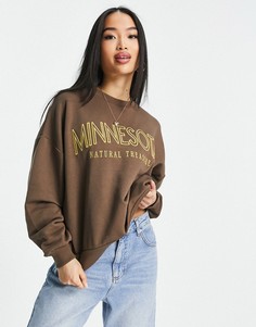 Коричневый oversized-свитшот с вышитой надписью "Minnesota" Stradivarius-Коричневый цвет
