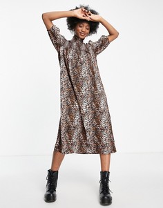 Свободное платье миди с леопардовым принтом, присборенной деталью и высоким воротником Wednesdays Girl-Разноцветный